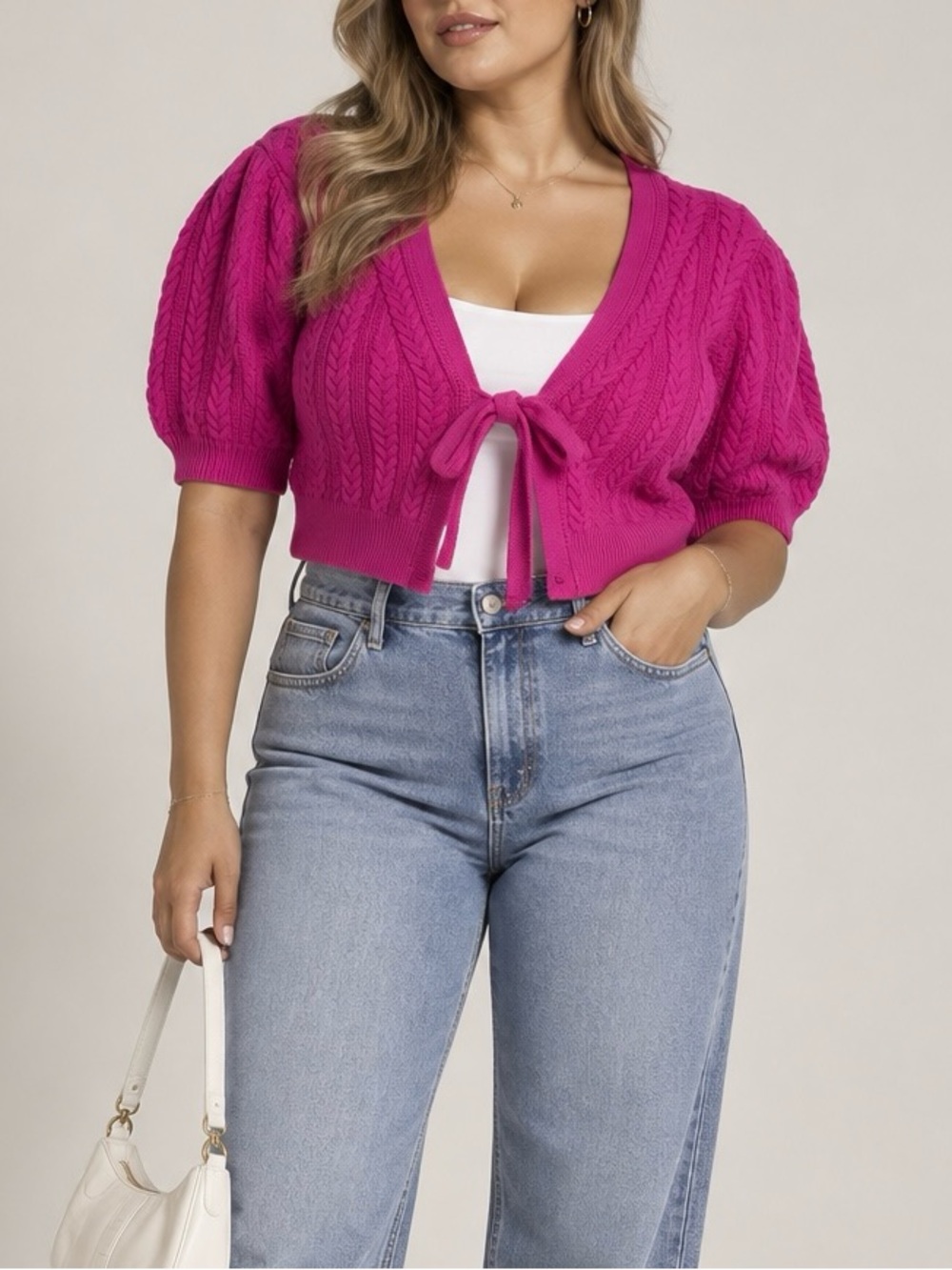 Boden Fuchsia Cable-Knit Tie-Front V-Neck Cropped Sweater